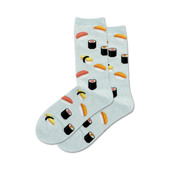 light blue sushi spread socks express your love for sushi through nigiri and maki patterns. (60 characters)  