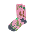 Crew socks, pink base with brown monkeys swinging from vines and green tropical leaves, dark grey heel and toe.