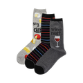 Three crew socks: one grey with cheese illustrations and 'Say Cheese', one black with colorful stripes, and one grey with a wine glass and 'Wine not?'