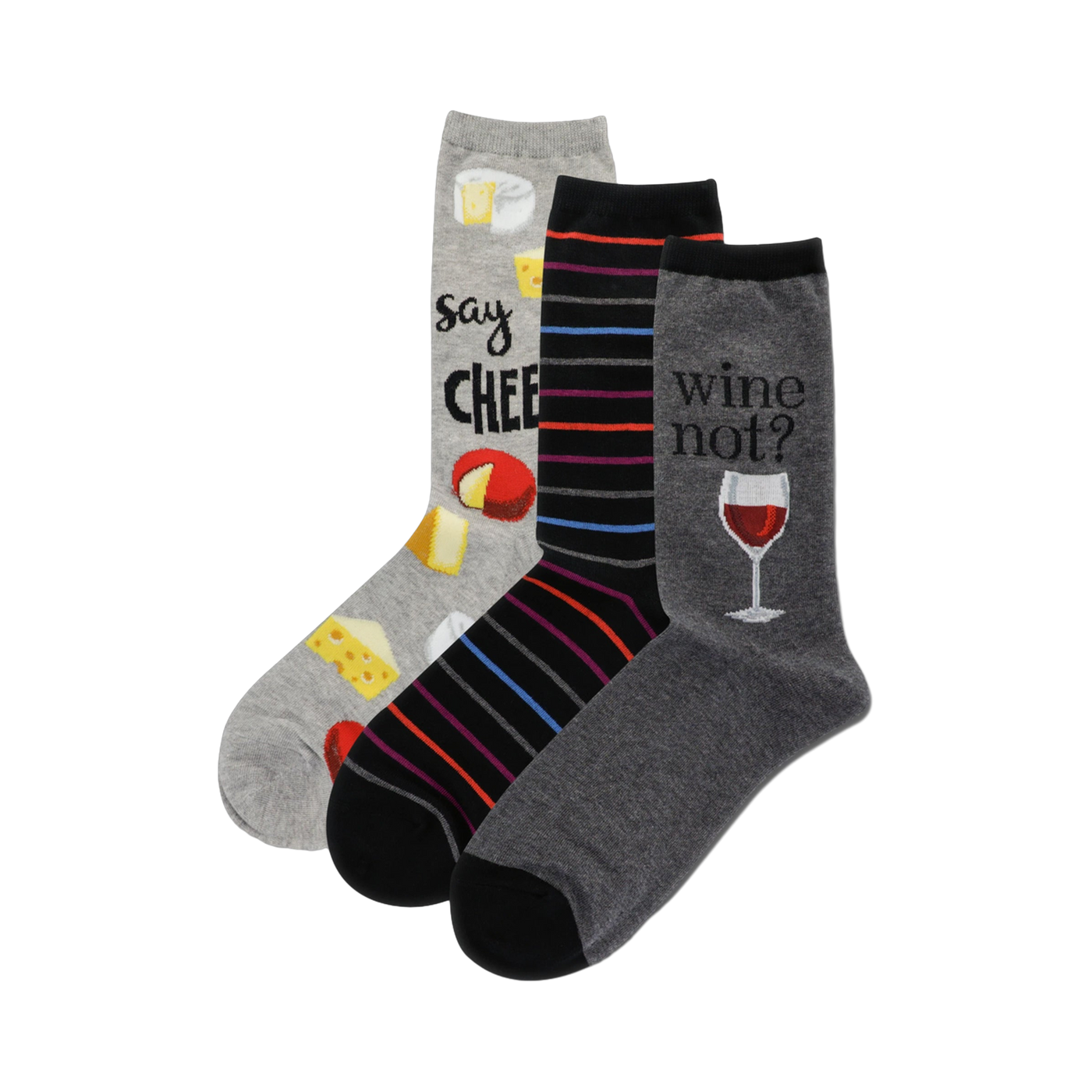 Three crew socks: one grey with cheese illustrations and 'Say Cheese', one black with colorful stripes, and one grey with a wine glass and 'Wine not?'