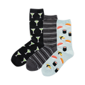 Three pairs of crew socks. One black pair features martini glasses, one grey pair has stripes, and one light blue pair shows sushi.