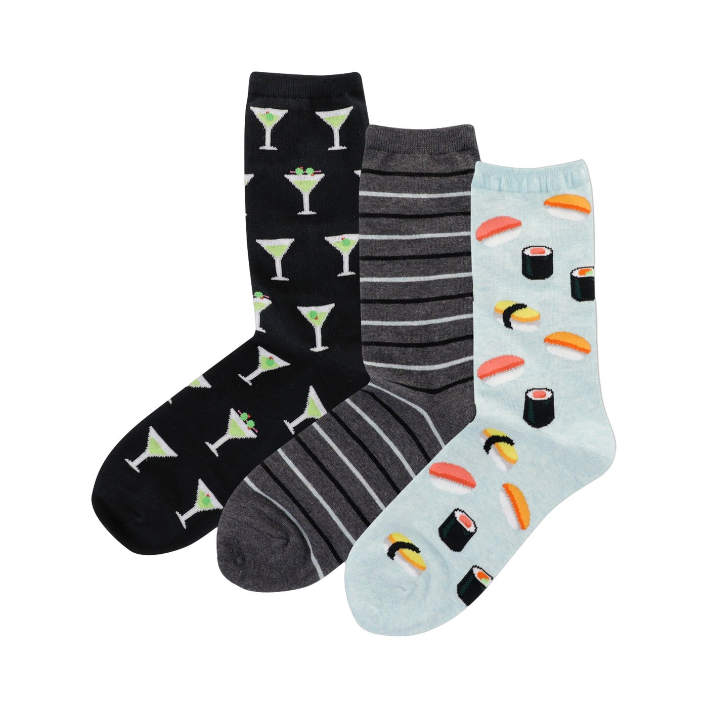 Three pairs of crew socks. One black pair features martini glasses, one grey pair has stripes, and one light blue pair shows sushi.