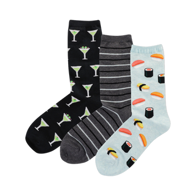 Three pairs of crew socks. One black pair features martini glasses, one grey pair has stripes, and one light blue pair shows sushi.