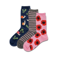 Three crew socks: navy with snails and leaves, gray with pink stripes, and pink with red poppies. Fun, colorful designs!