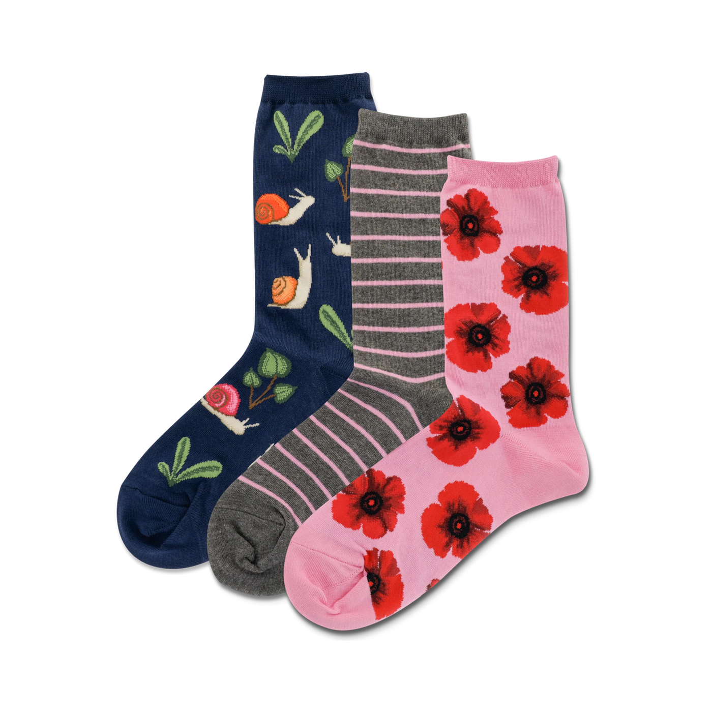 Three crew socks: navy with snails and leaves, gray with pink stripes, and pink with red poppies. Fun, colorful designs!