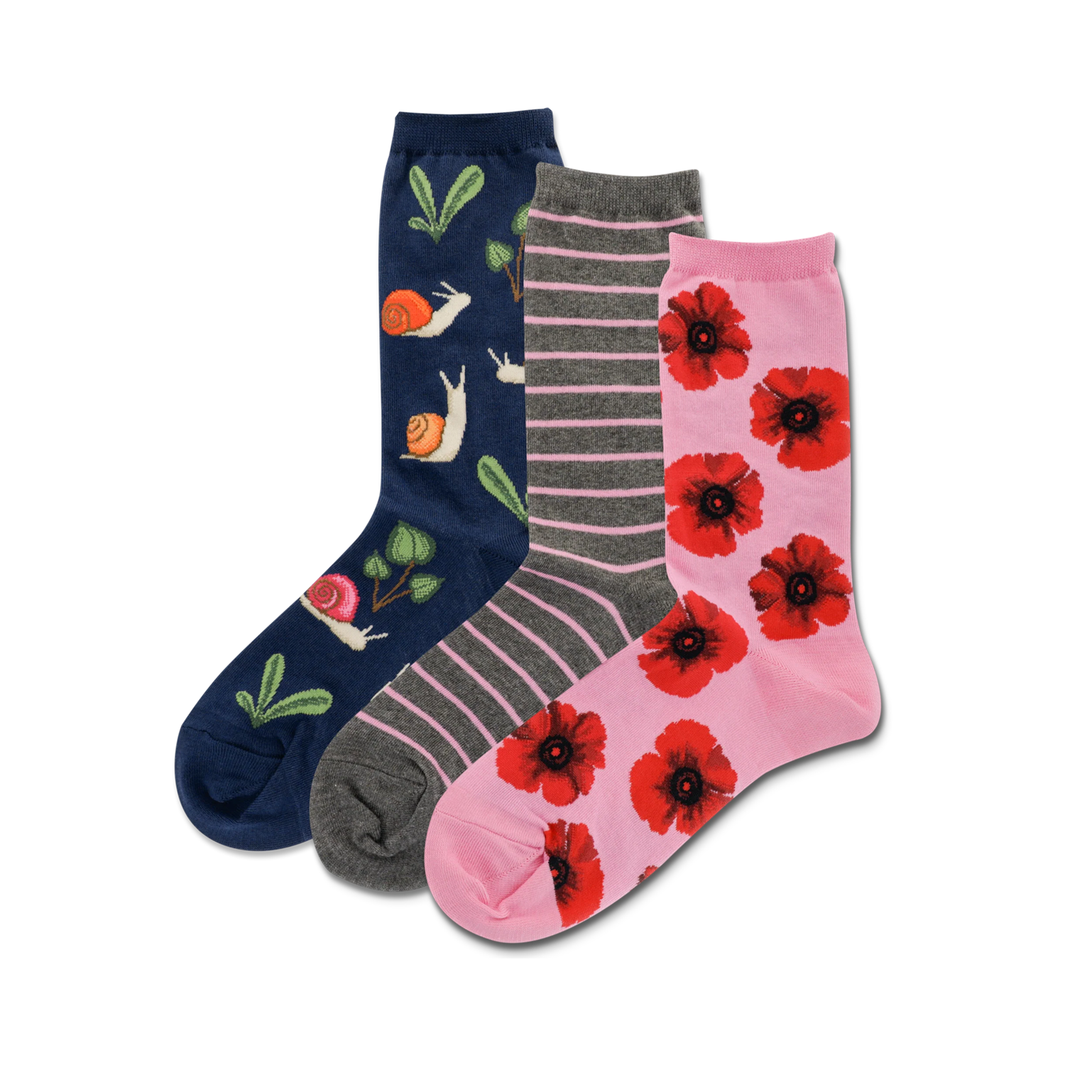 Three crew socks: navy with snails and leaves, gray with pink stripes, and pink with red poppies. Fun, colorful designs!