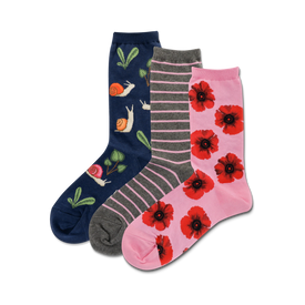 womens' mid-calf crew socks in pink, gray, and blue featuring a pattern of snails, leaves, and flowers in brown, blue, red, and green.   