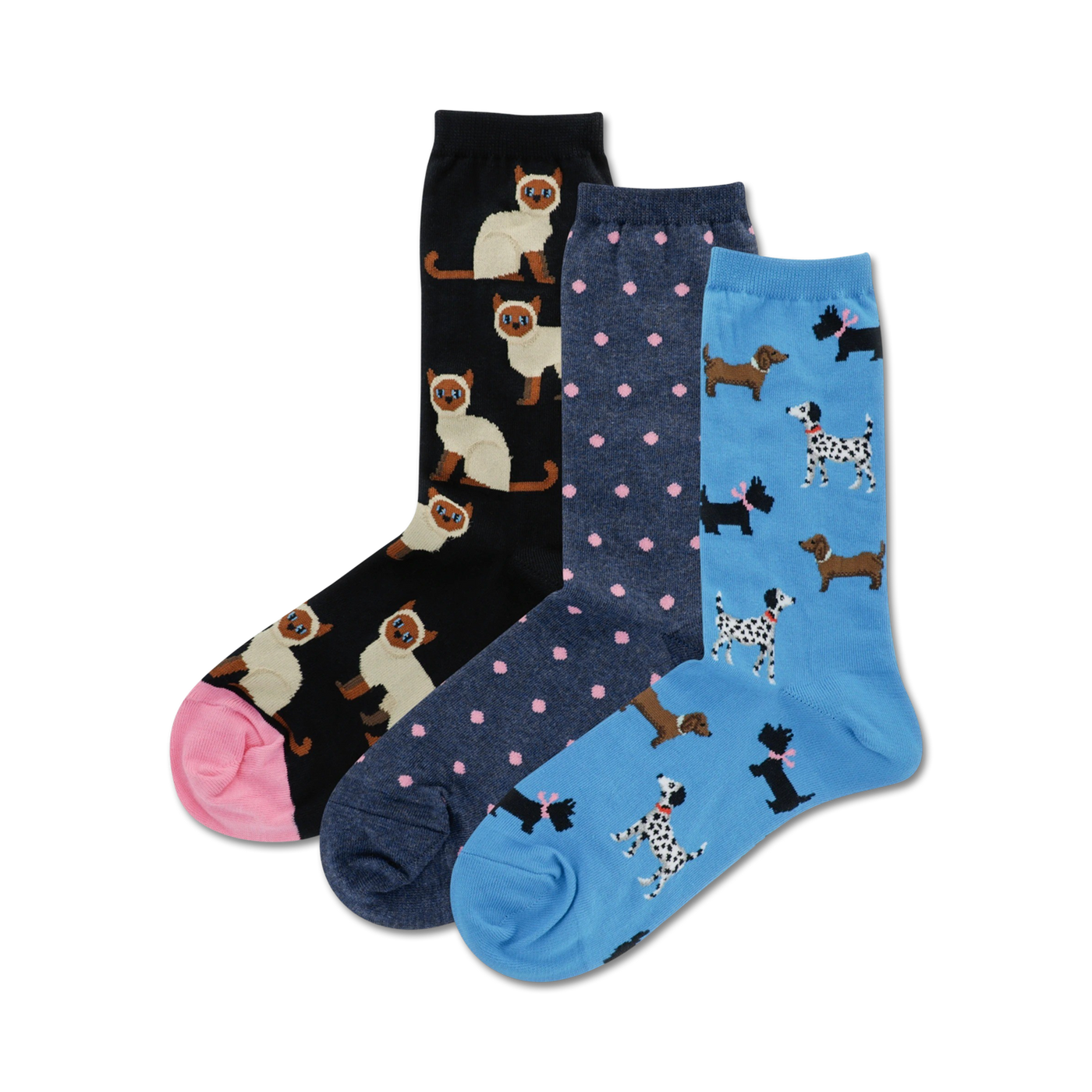 Three pairs of crew socks. One pair is black with Siamese cats, one is navy with pink polka dots, and one is light blue with dachshunds and dalmatians.