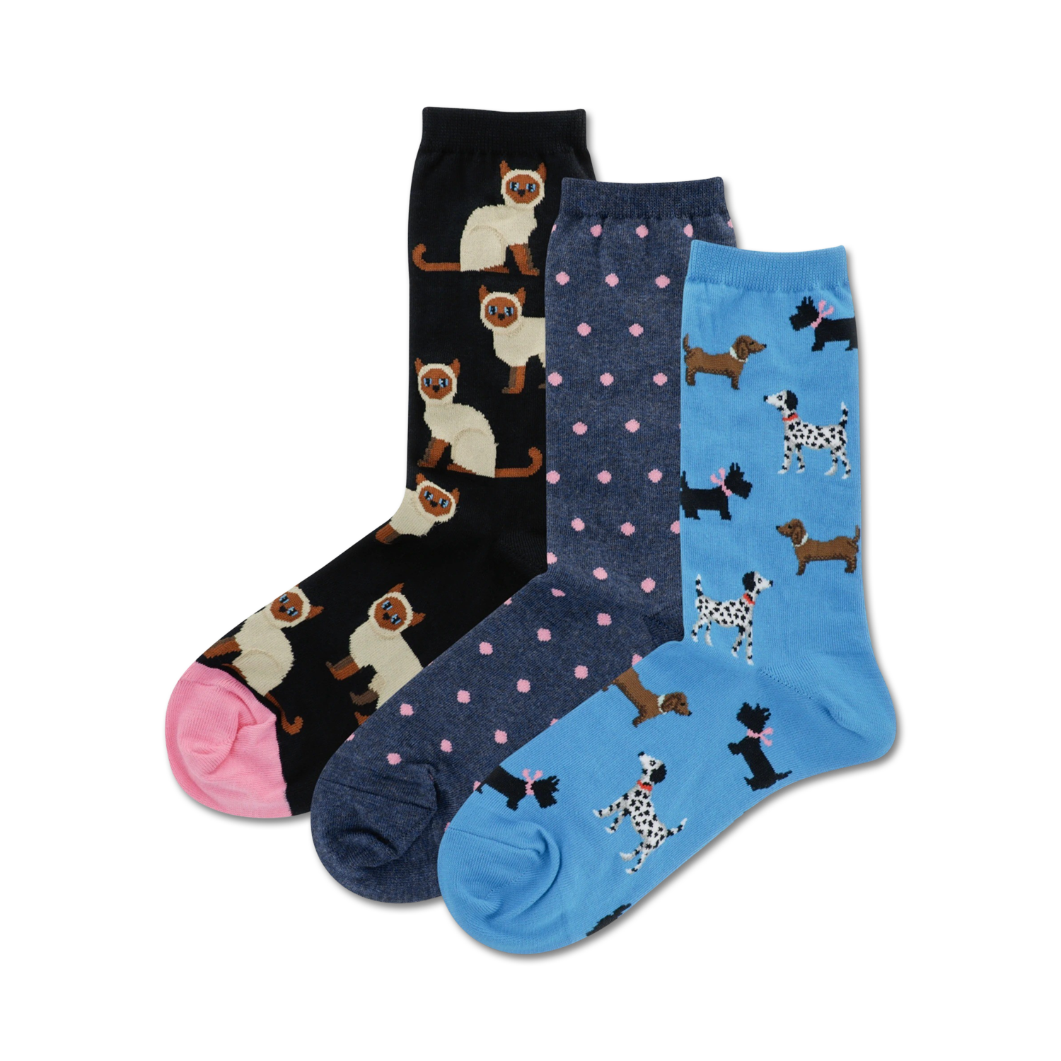 Three pairs of crew socks. One pair is black with Siamese cats, one is navy with pink polka dots, and one is light blue with dachshunds and dalmatians.
