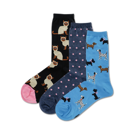 black, blue and light blue socks feature a pattern of siamese cats, polka dots, and dachshunds. for women. crew length.  