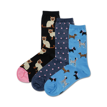 black, blue and light blue socks feature a pattern of siamese cats, polka dots, and dachshunds. for women. crew length.  