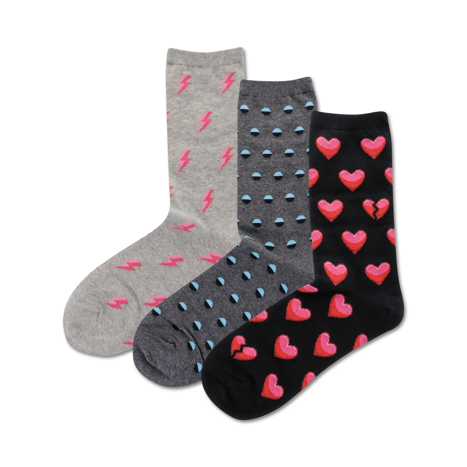 Three pairs of crew socks: gray with pink lightning bolts, gray with teal polka dots, and black with pink whole and broken hearts.