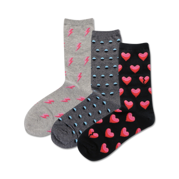 emoji heart socks, crew length, pink, blue, gray, black, three pack, novelty socks, womens socks.   
