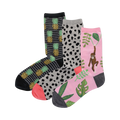 Three pairs of crew socks. One pair has black stripes and pineapples, one is gray with black spots, and one is pink with a monkey and tropical leaves.