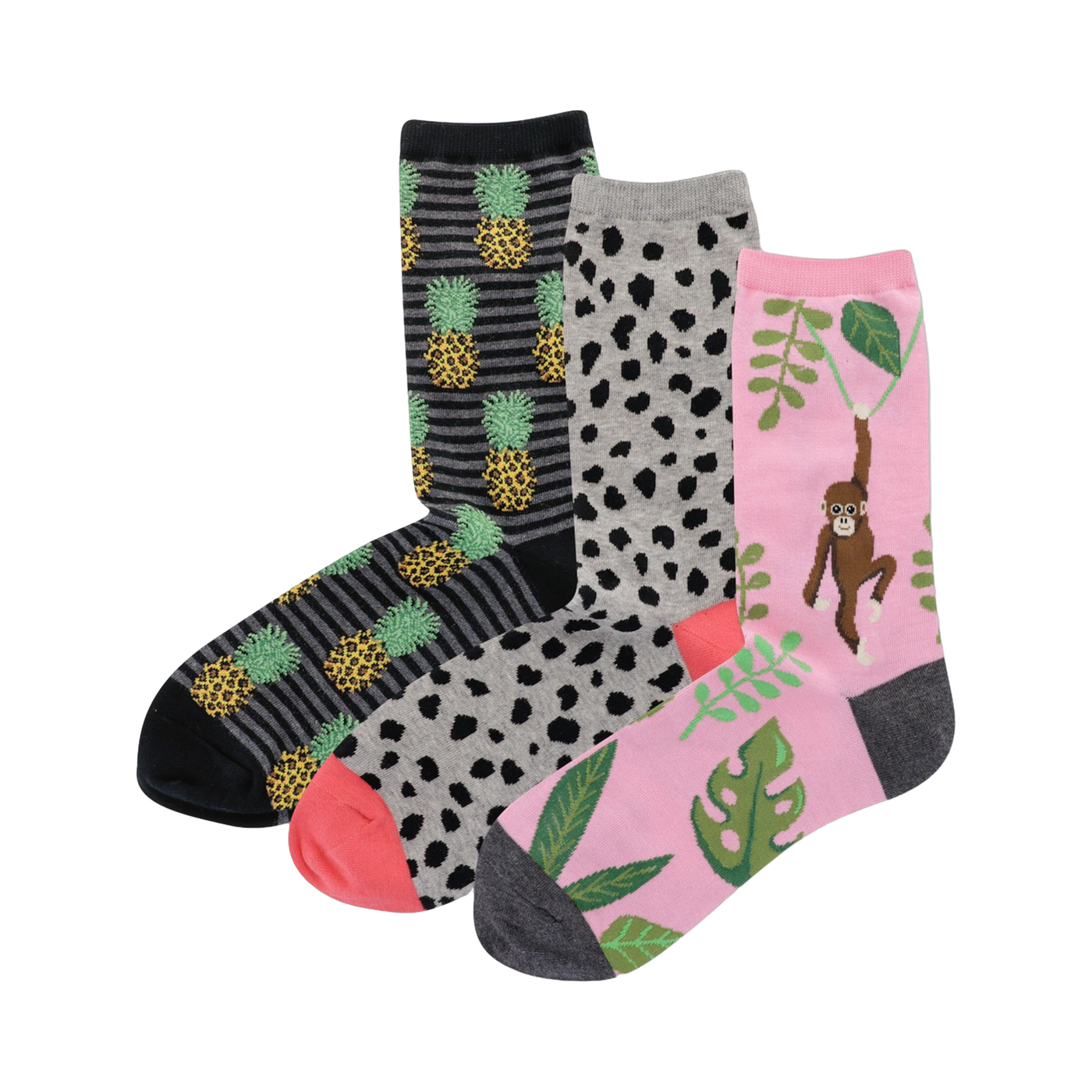 Three pairs of crew socks. One pair has black stripes and pineapples, one is gray with black spots, and one is pink with a monkey and tropical leaves.