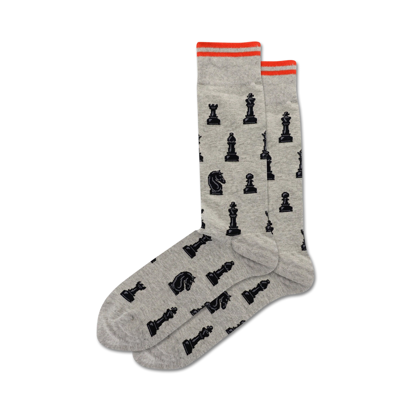 Pair of gray crew socks with a pattern of black chess pieces.  Features orange trim at the top.