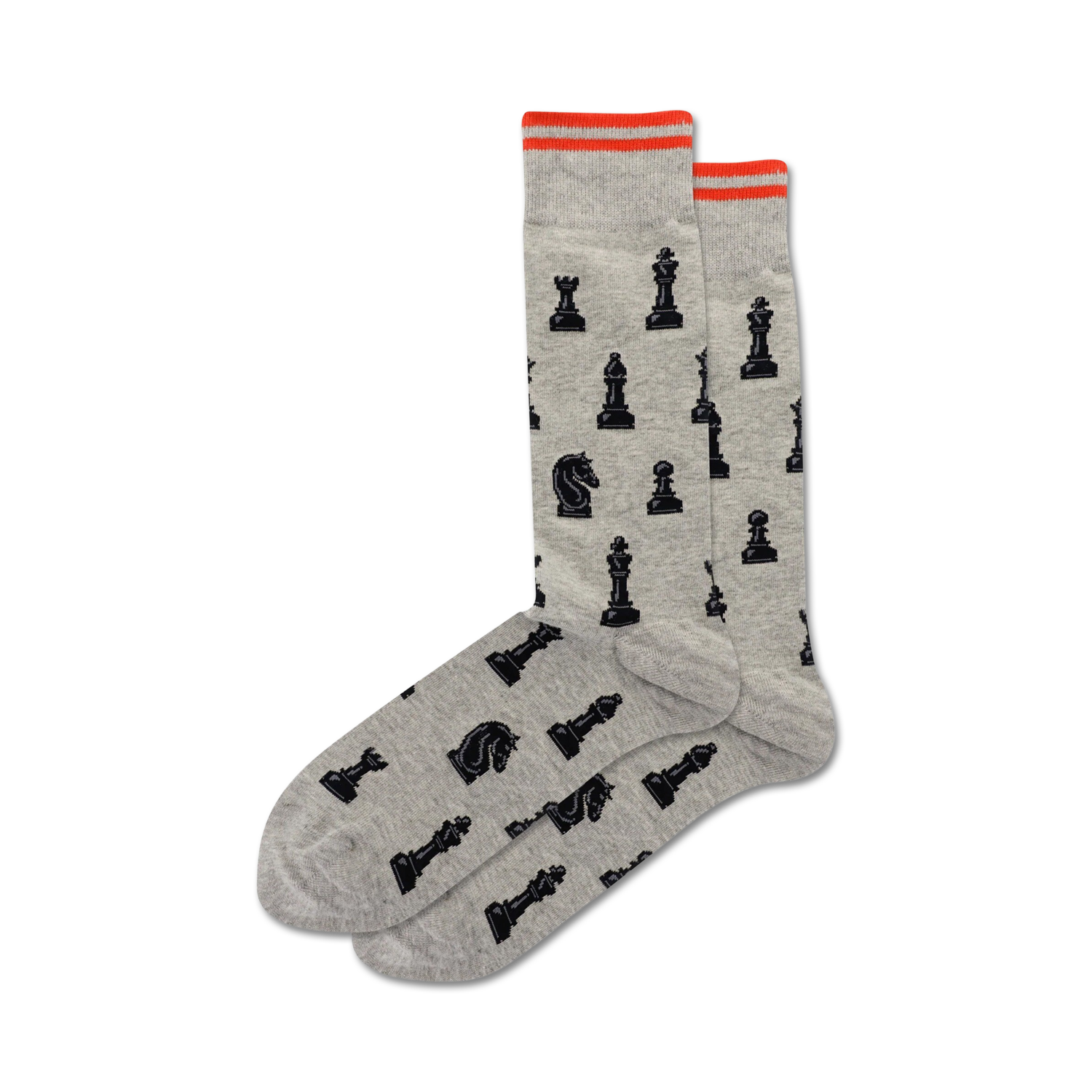 Pair of gray crew socks with a pattern of black chess pieces.  Features orange trim at the top.