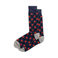 Pair of navy blue crew socks featuring a repeating pattern of red and black playing card suits. Grey toe and heel.