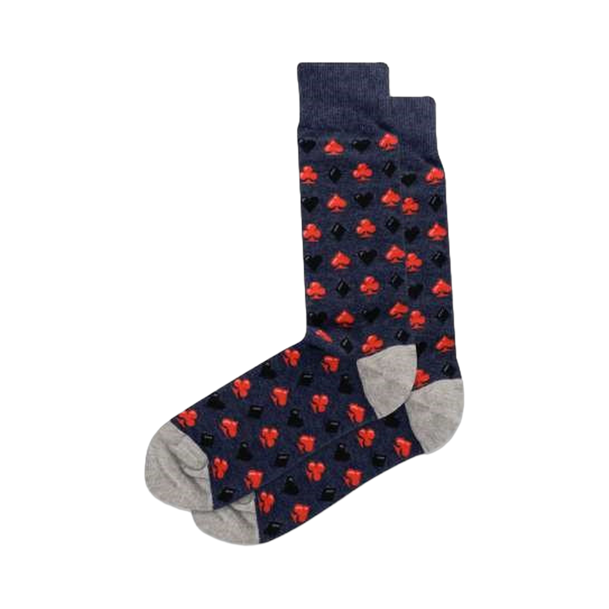Pair of navy blue crew socks featuring a repeating pattern of red and black playing card suits. Grey toe and heel.