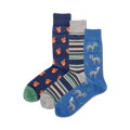 Three crew socks: one with orange squirrels on navy blue, one with grey and teal stripes, and one with grey wolves on blue. 