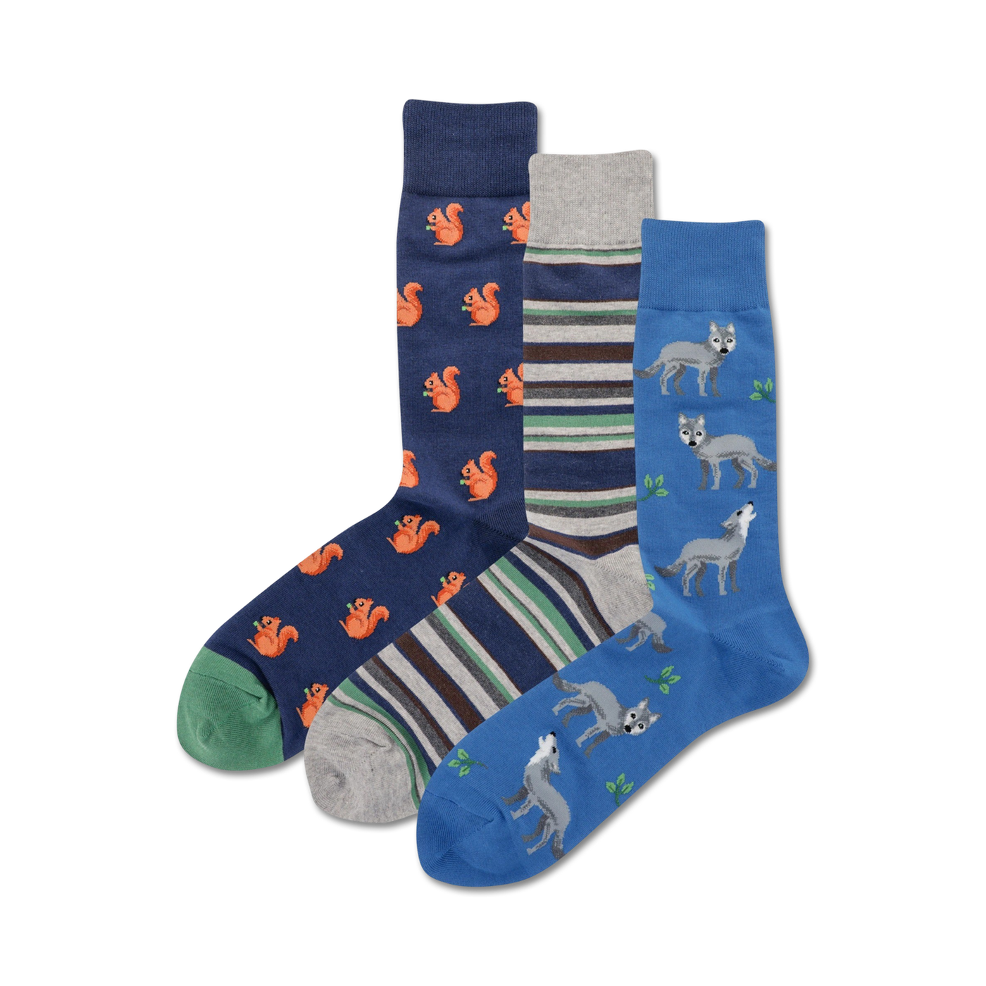 Three crew socks: one with orange squirrels on navy blue, one with grey and teal stripes, and one with grey wolves on blue. 