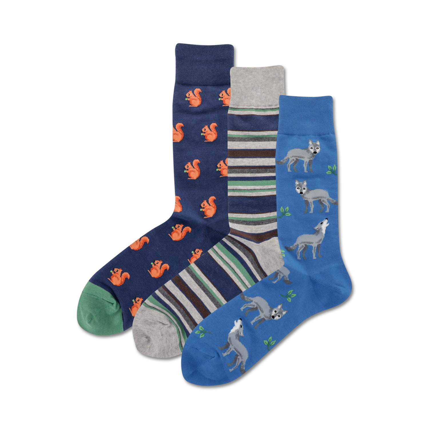 Three crew socks: one with orange squirrels on navy blue, one with grey and teal stripes, and one with grey wolves on blue. 