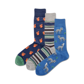 mens crew socks in blue, gray and green feature pattern of red squirrels and gray wolves.  