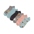 Six pairs of women's ankle socks in pastel colors; features various cute cat faces and stripes.