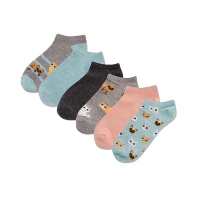 Six pairs of women's ankle socks in pastel colors; features various cute cat faces and stripes.