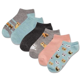 6 pack of multi-colored cartoon cat face no show socks for women featuring black, white, grey and orange cats in a cotton blend.  