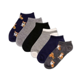 Six pairs of ankle socks in a six-pack. Designs include corgis, stripes (black and white), and solid navy and gray.