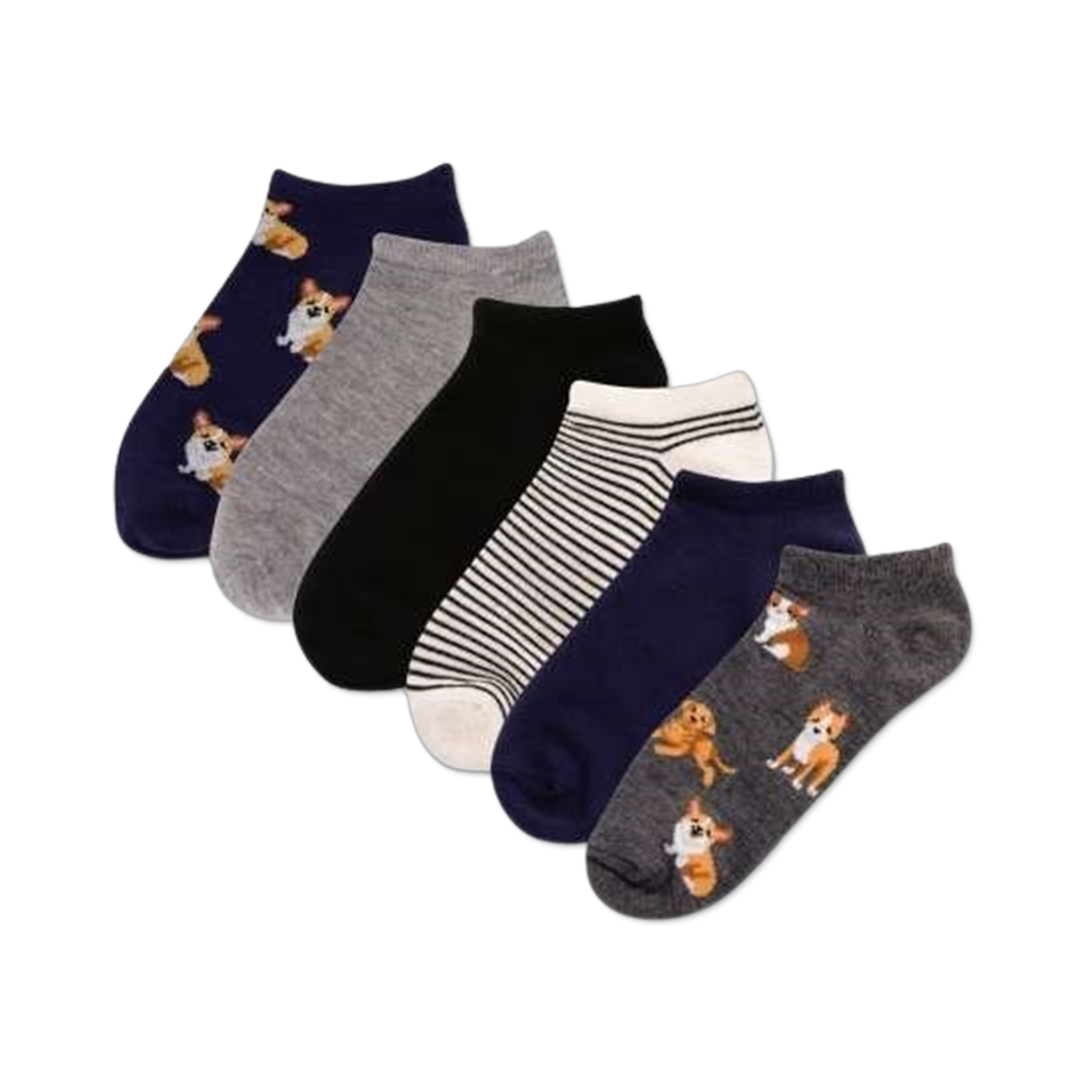 Six pairs of ankle socks in a six-pack. Designs include corgis, stripes (black and white), and solid navy and gray.