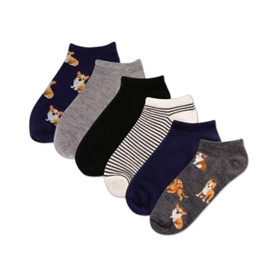 Six pairs of ankle socks in a six-pack. Designs include corgis, stripes (black and white), and solid navy and gray.