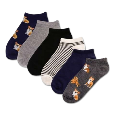 fun cartoon dog themed womens no show socks in a 6 pack.   