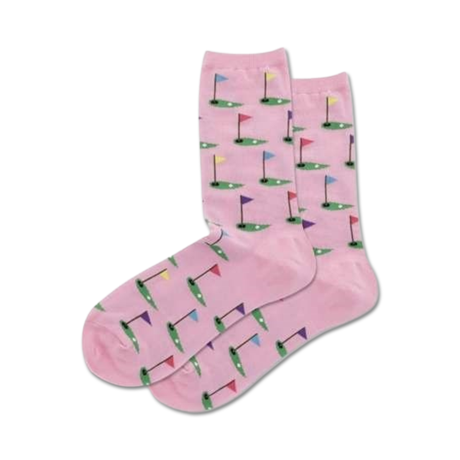 Close-up of pink crew socks with the same putting green and golf flag design as the main image.