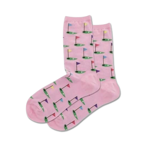 womens crew length golf socks featuring golf flags and courses in bright pink and green.  