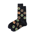 Pair of black crew socks with a fun Christmas design. Features festive donuts with reindeer faces and green/red icing.