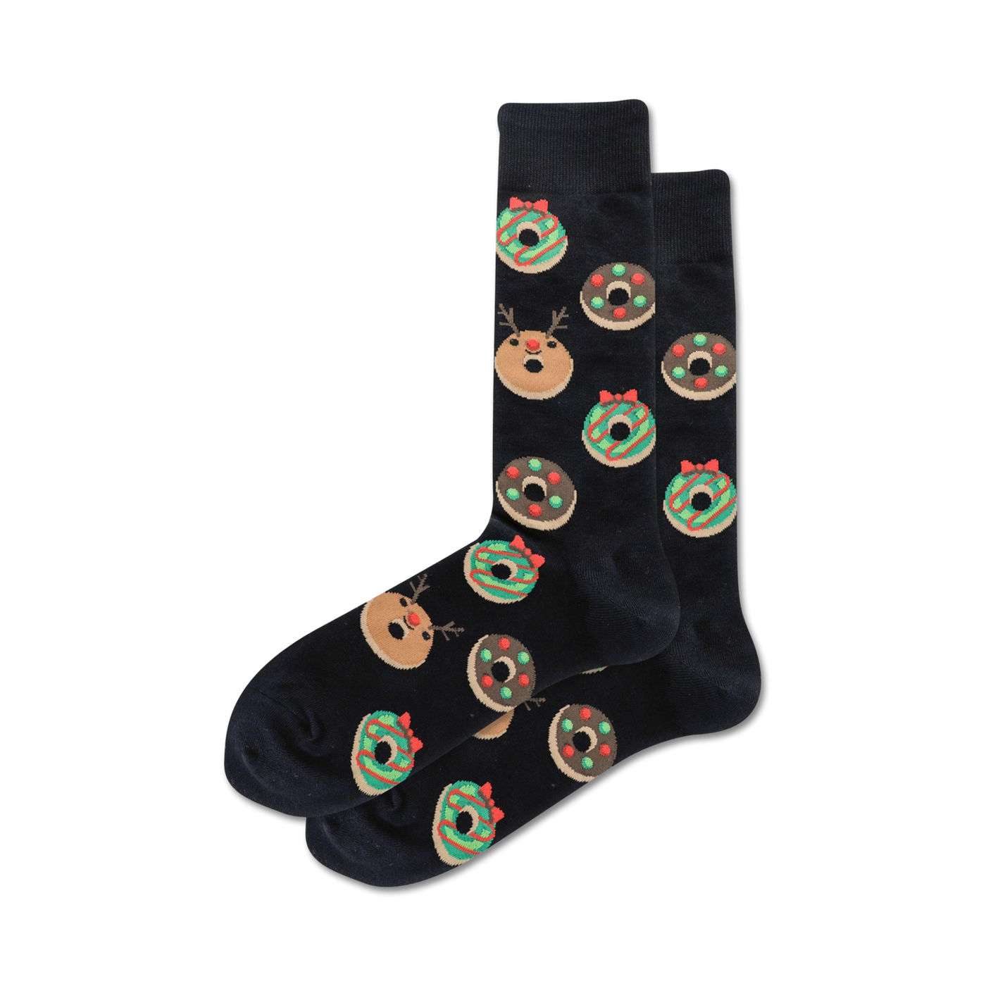 Pair of black crew socks with a fun Christmas design. Features festive donuts with reindeer faces and green/red icing.
