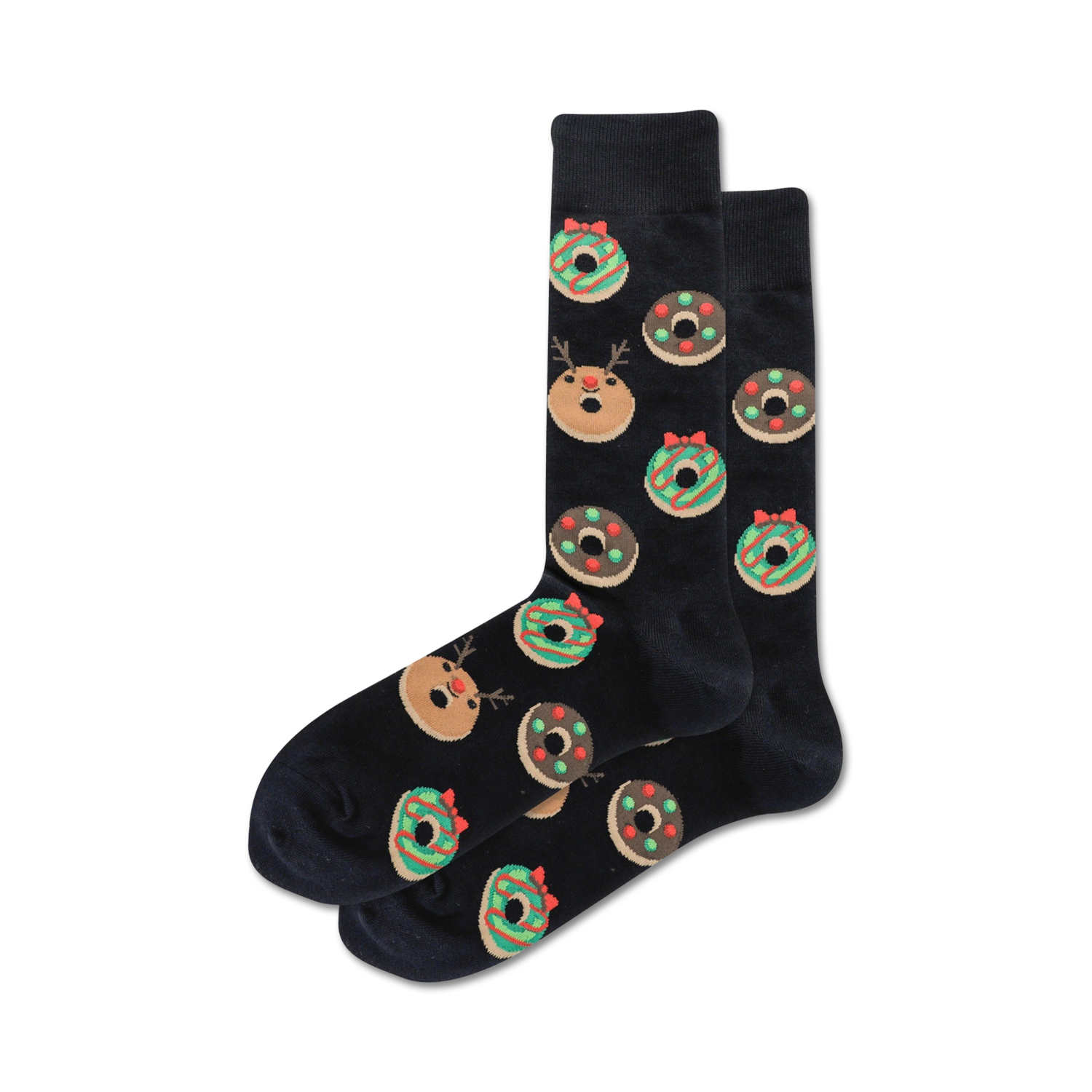 Pair of black crew socks with a fun Christmas design. Features festive donuts with reindeer faces and green/red icing.