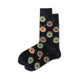 black crew socks with christmas-themed donut pattern, featuring reindeer faces and bows.   