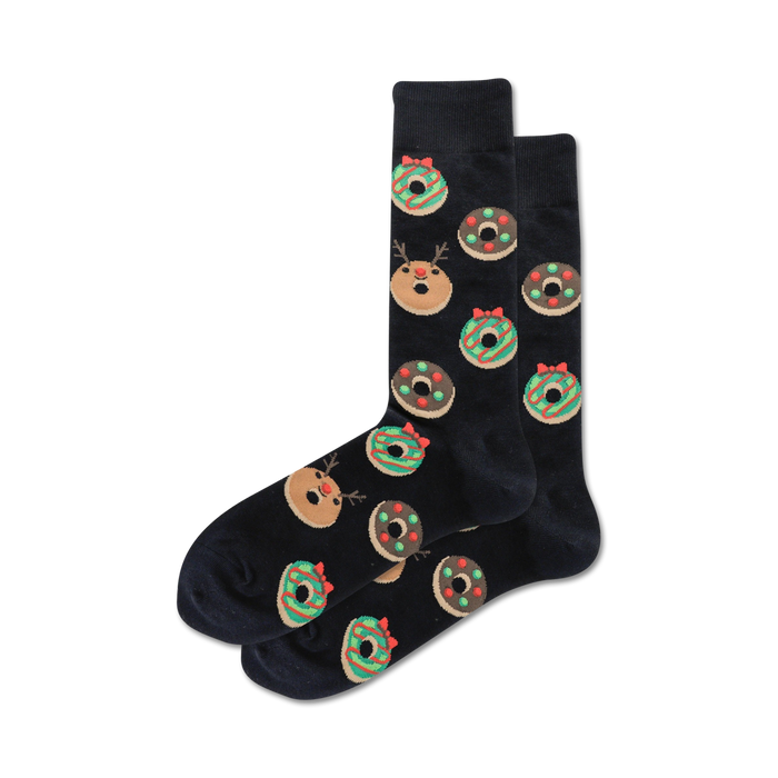 black crew socks with christmas-themed donut pattern, featuring reindeer faces and bows.    }}