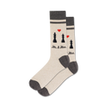 Pair of cream and grey crew socks with black chess piece and red heart design.  Text reads 'Mr. & Mrs.'