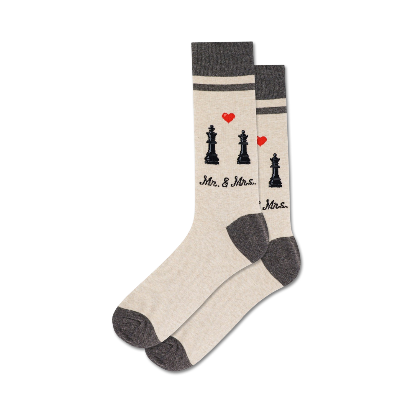 Pair of cream and grey crew socks with black chess piece and red heart design.  Text reads 'Mr. & Mrs.'