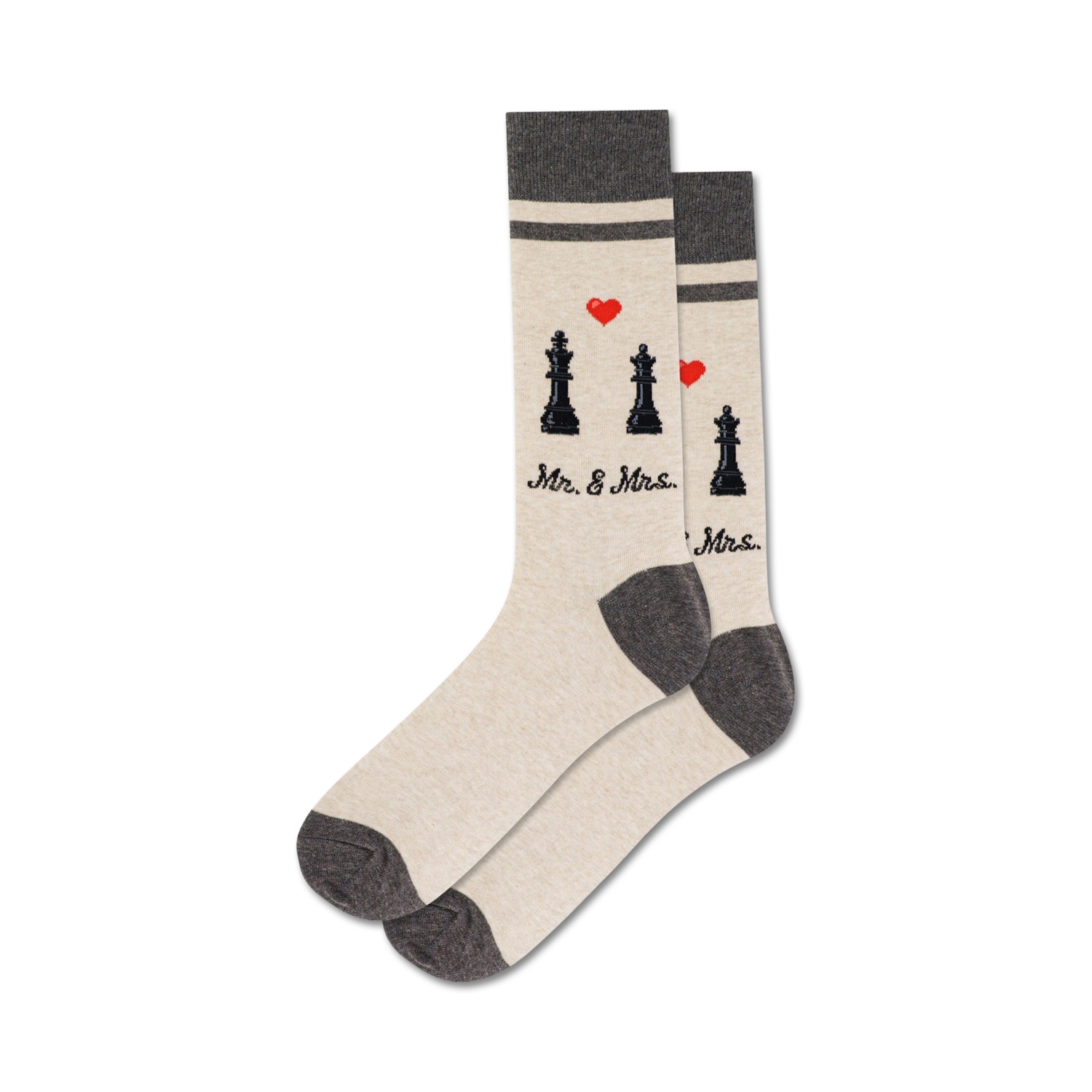 Pair of cream and grey crew socks with black chess piece and red heart design.  Text reads 'Mr. & Mrs.'