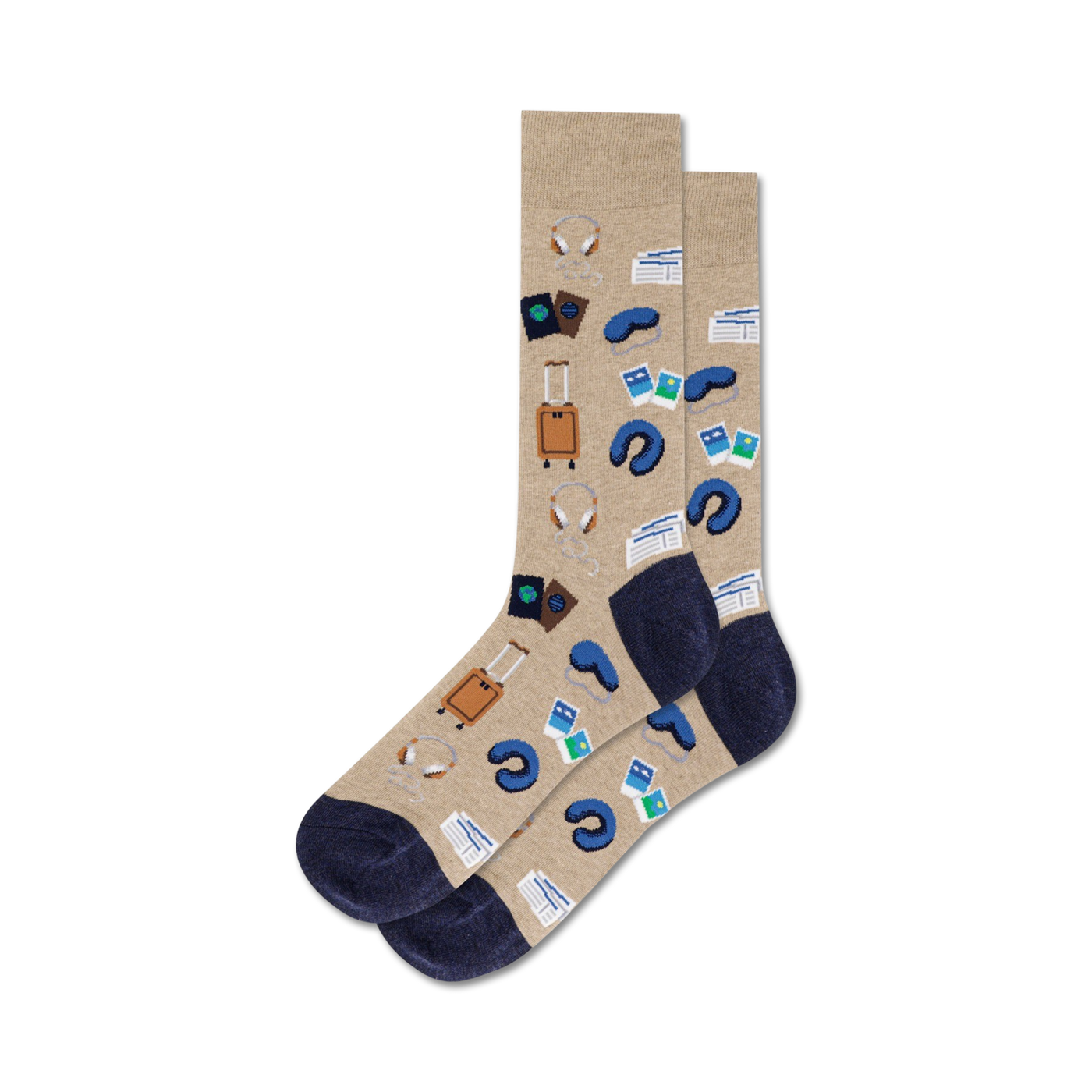 Tan crew socks with navy blue accents. Design includes illustrations of suitcases, headphones, sleep masks, and passports.