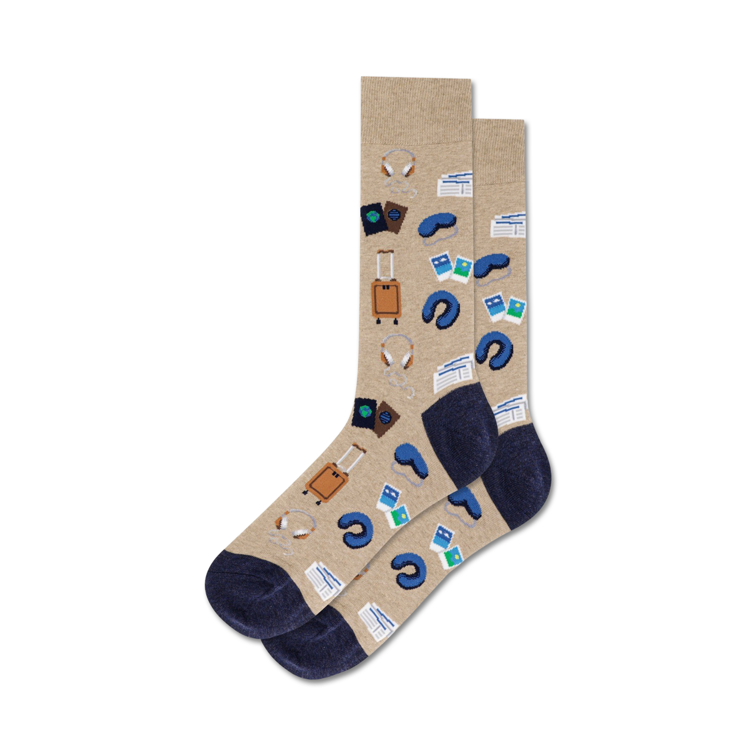 Tan crew socks with navy blue accents. Design includes illustrations of suitcases, headphones, sleep masks, and passports.