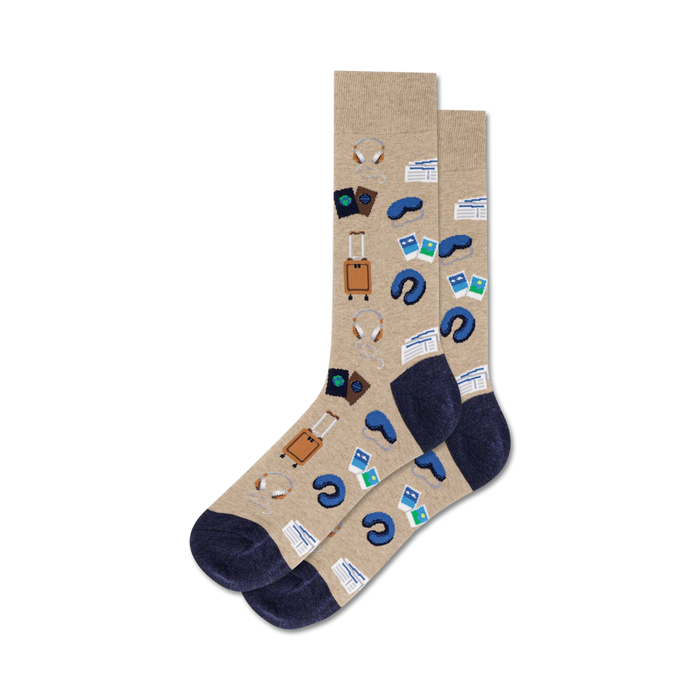 beige crew socks with brown luggage, tan travel pillows, blue airplane tickets, and black headphones.   }}