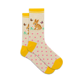 Pair of beige crew socks with pink polka dots, yellow cuffs, and an embroidered bunny rabbit design with butterflies and flowers.