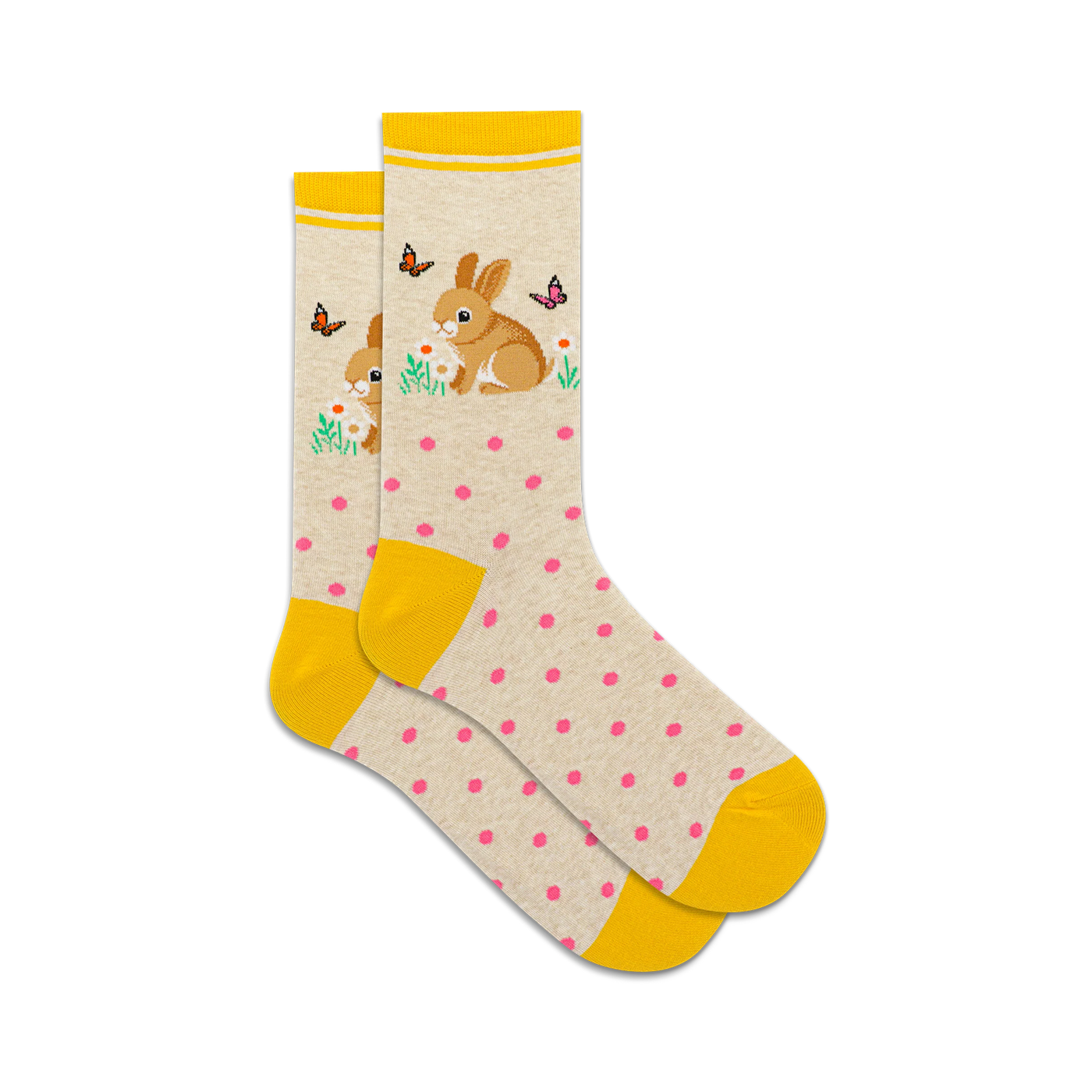 Pair of beige crew socks with pink polka dots, yellow cuffs, and an embroidered bunny rabbit design with butterflies and flowers.