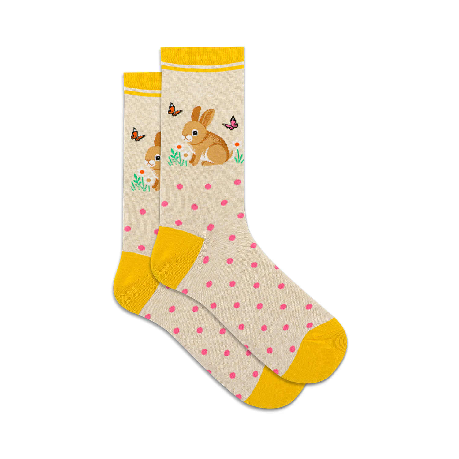 Pair of beige crew socks with pink polka dots, yellow cuffs, and an embroidered bunny rabbit design with butterflies and flowers.